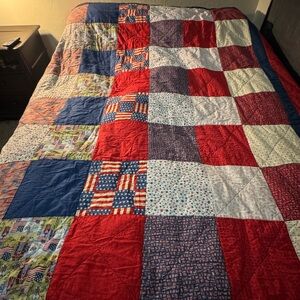 Patchwork Quilt Bedspread with Red, Blue, and White Squares Denim Back Handmade